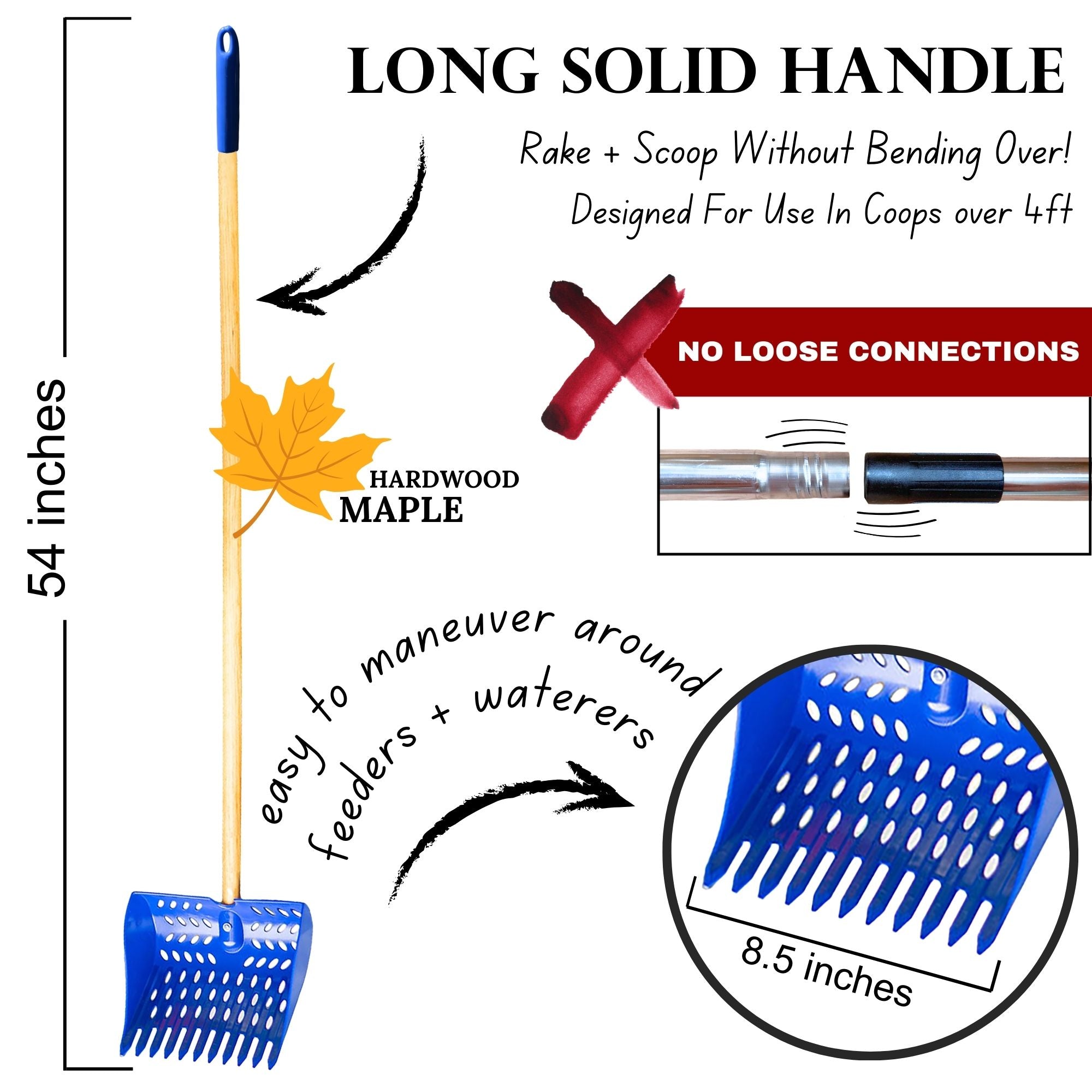 The Coop Scoop® Ground | 2-in-1 Chicken Poop Scoop & Rake | 48" Long Handle Sand Sifting Shovel For Floor Cleaning