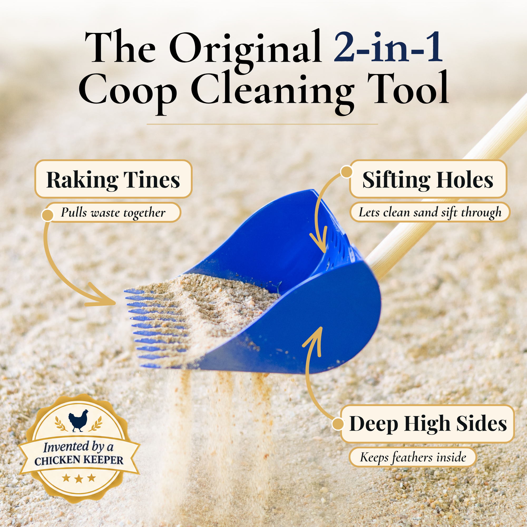 The Coop Scoop® | 2-in-1 Chicken Poop Scoop & Rake | Sand Sifting Shovel For Shelf & Floor Cleaning