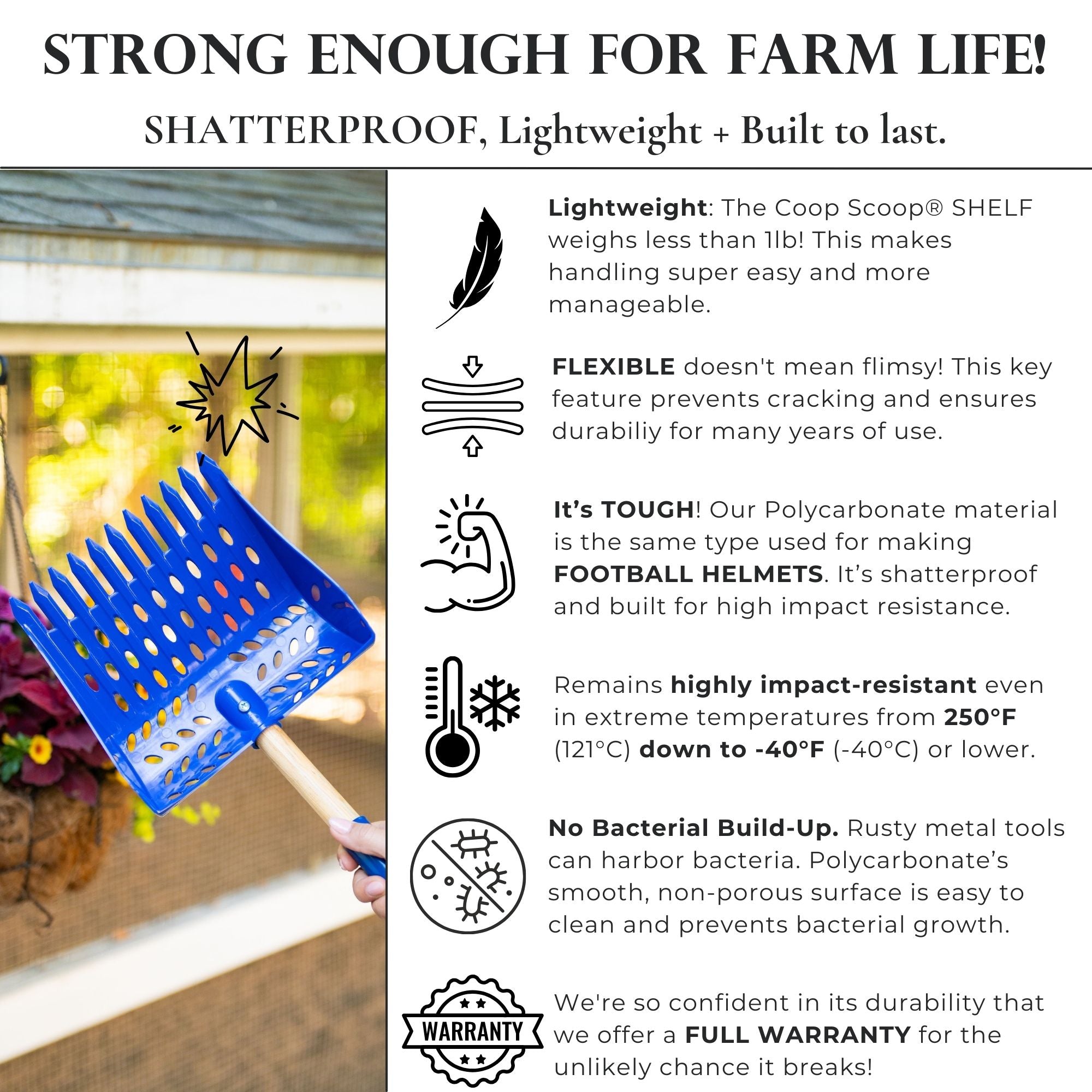 The Coop Scoop® Shelf | 2-in-1 Chicken Poop Scoop & Rake | 10" Handle Large Hand Shovel For Chicken Coop Shelves