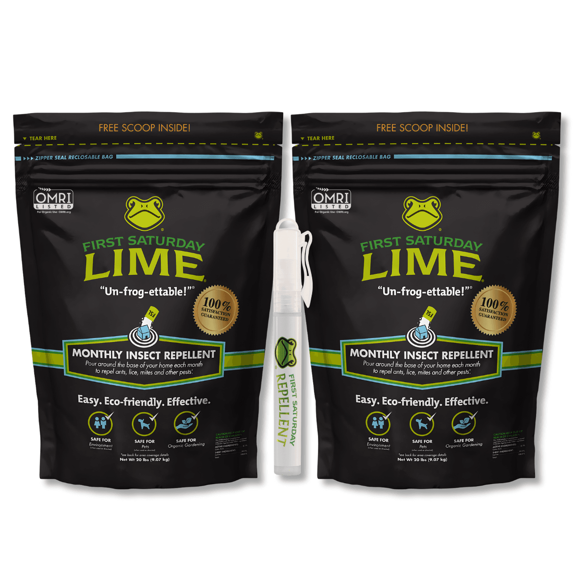 Bundle: 2 First Saturday Lime 20lb Bags and 1 10ml Eco-Friendly Insect Repellent Spray