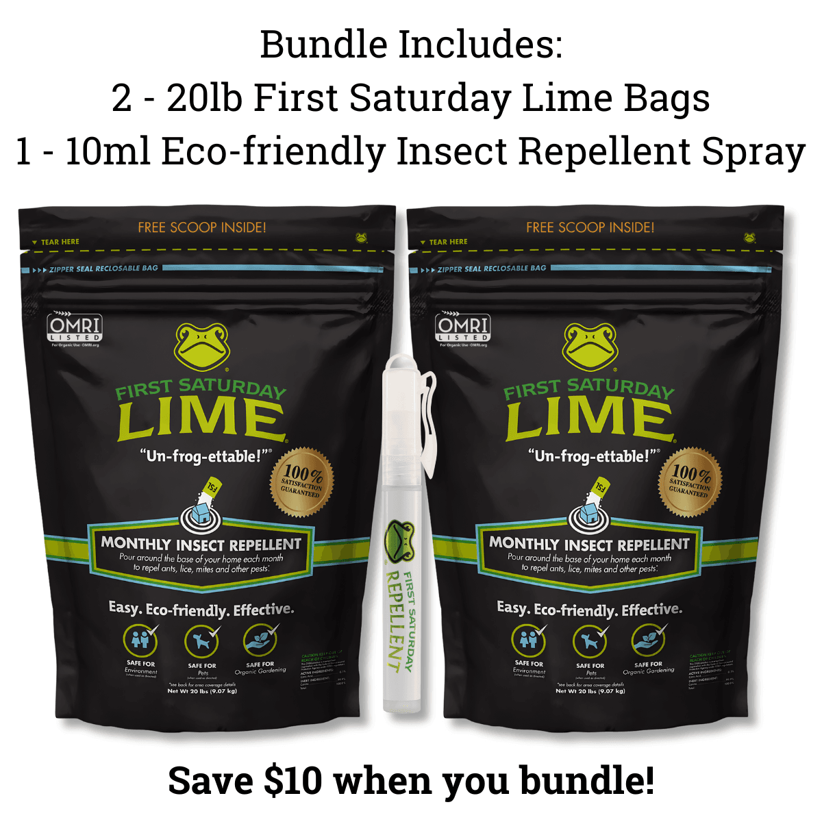 Bundle: 2 First Saturday Lime 20lb Bags and 1 10ml Eco-Friendly Insect Repellent Spray