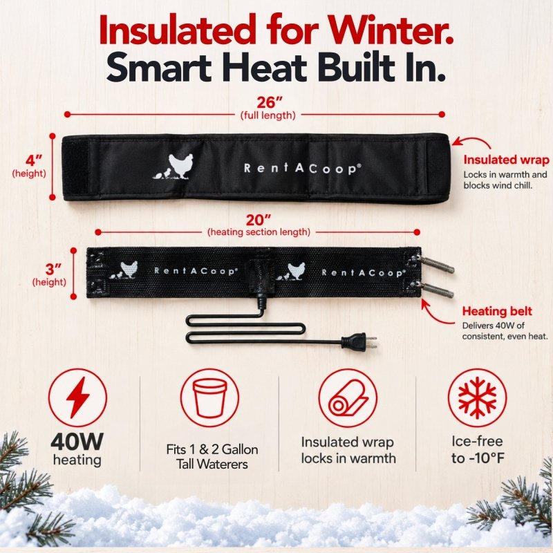 RentACoop Heated Chicken Waterer Belt for Winter, Thermo Bucket Heater Strap LG with Insulated Wrap for 2-5 Gal, 40W Energy Efficient, Safe to -10°F, Auto Thermostat