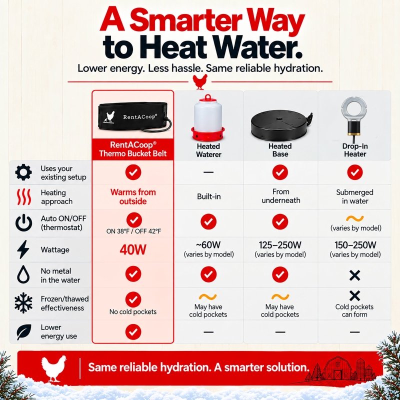 RentACoop Heated Chicken Waterer Belt for Winter, Thermo Bucket Heater Strap LG with Insulated Wrap for 2-5 Gal, 40W Energy Efficient, Safe to -10°F, Auto Thermostat