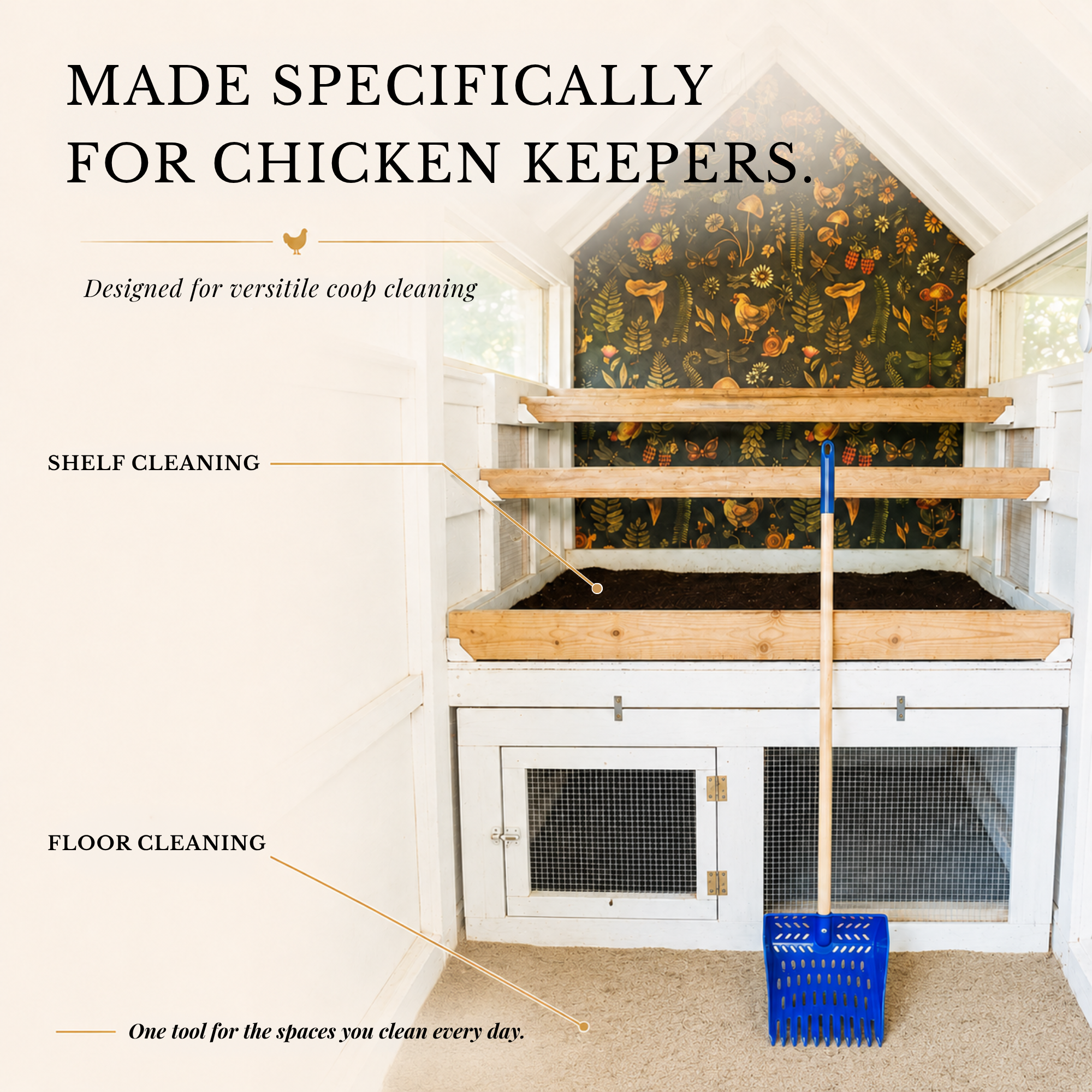 The Coop Scoop® | 2-in-1 Chicken Poop Scoop & Rake | Sand Sifting Shovel For Shelf & Floor Cleaning