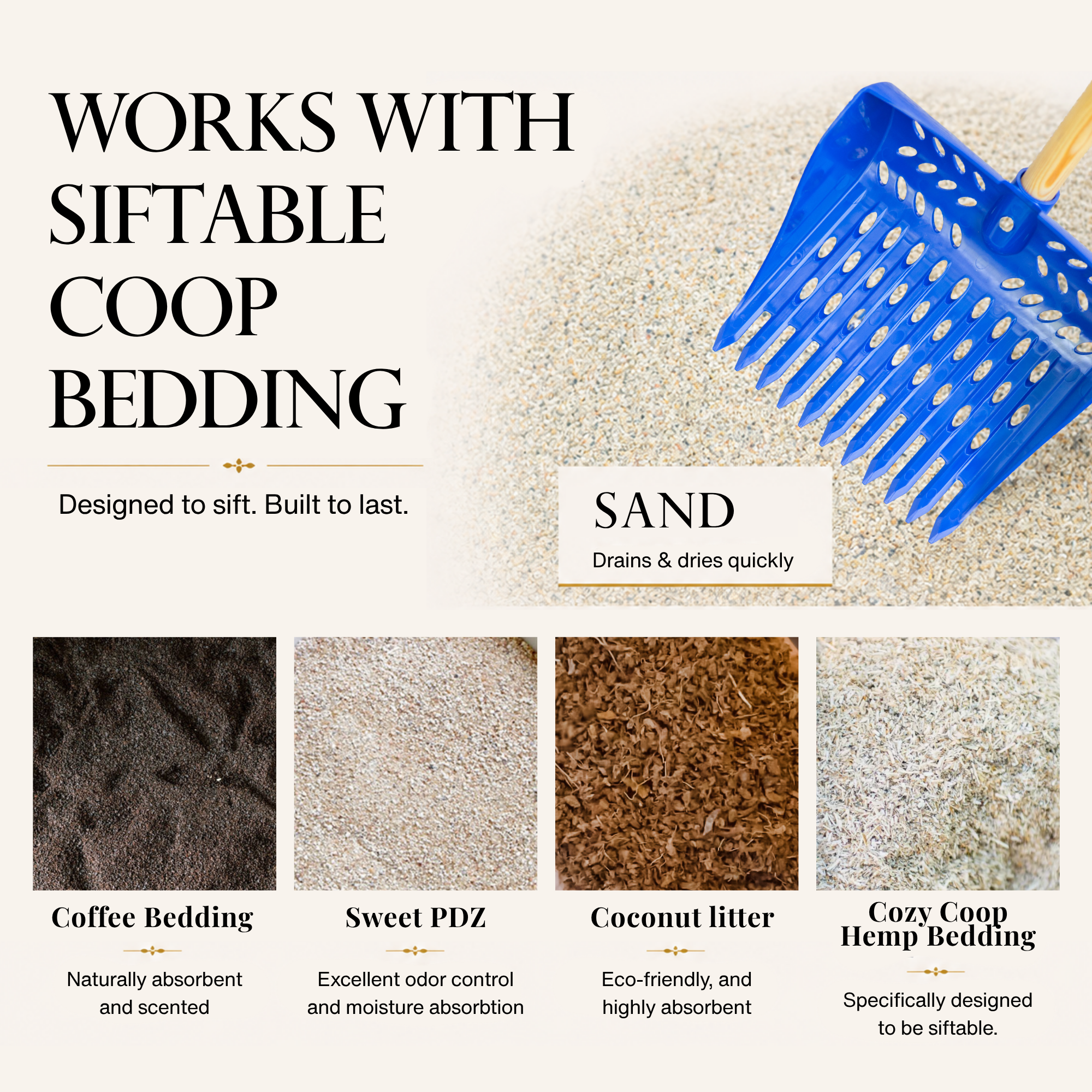 The Coop Scoop® | 2-in-1 Chicken Poop Scoop & Rake | Sand Sifting Shovel For Shelf & Floor Cleaning