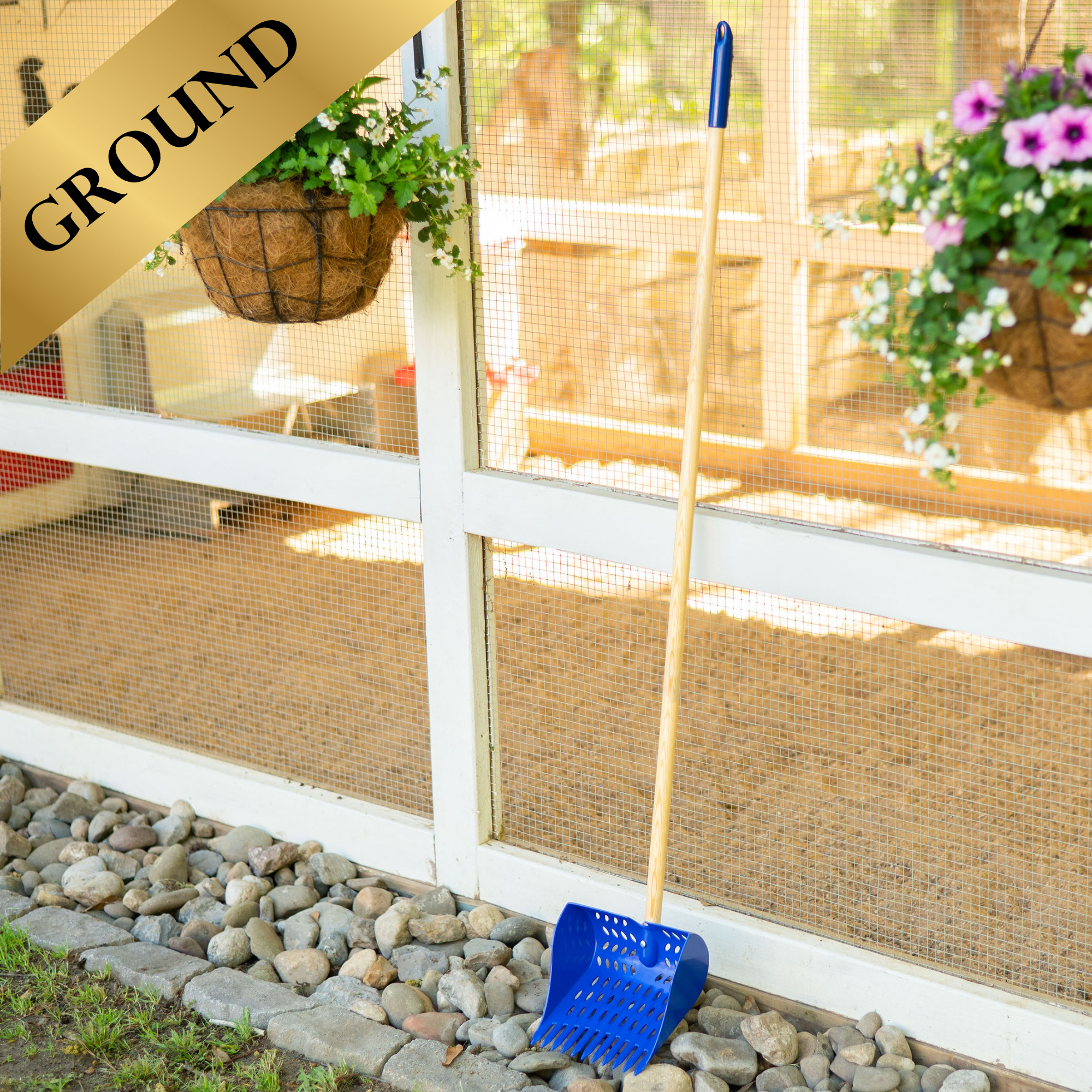The Coop Scoop® Ground | 2-in-1 Chicken Poop Scoop & Rake | 48" Long Handle Sand Sifting Shovel For Floor Cleaning